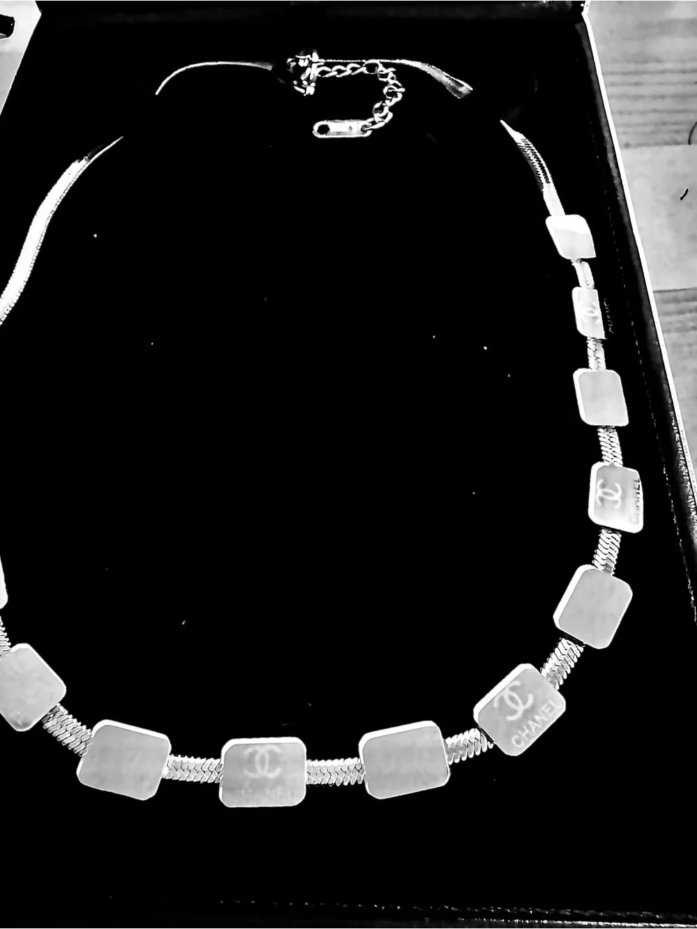 CHANEL Silver Square Logo Panel Necklace